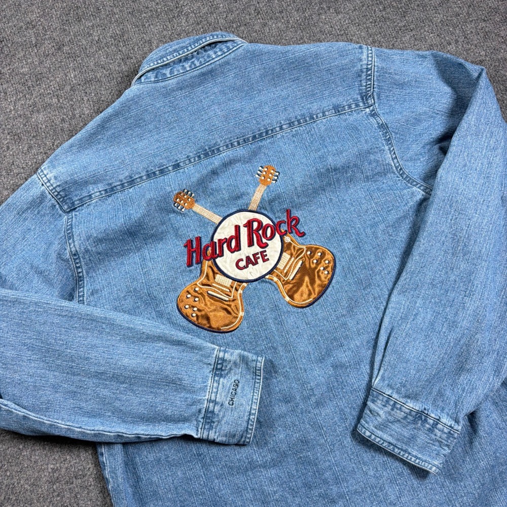 Vintage Hard Rock Cafe Denim Shirt Women XL Blue Chicago Embroidered Guitar